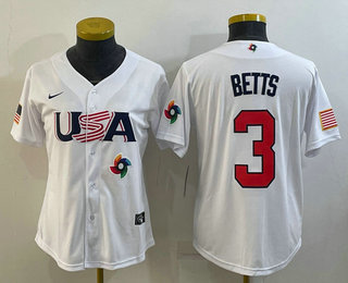 Womens USA Baseball #3 Mookie Betts 2023 White World Classic Replica Stitched Jerseys